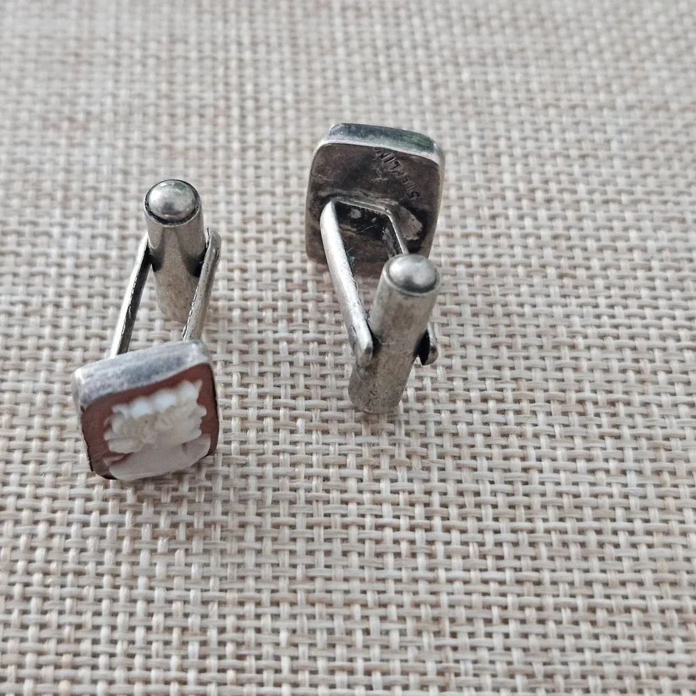 Carved Stone/Shell Top Cufflinks‎ Vintage Sterling Silver